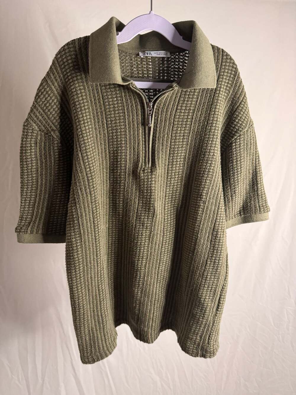 Zara Olive Green Textured Knit Quarter-Zip Polo Shirt Size S
